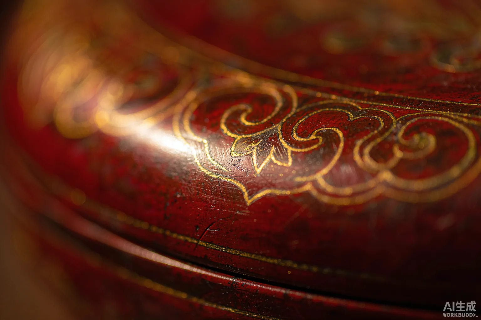 Macro detail of traditional cinnabar lacquer with gold inlay