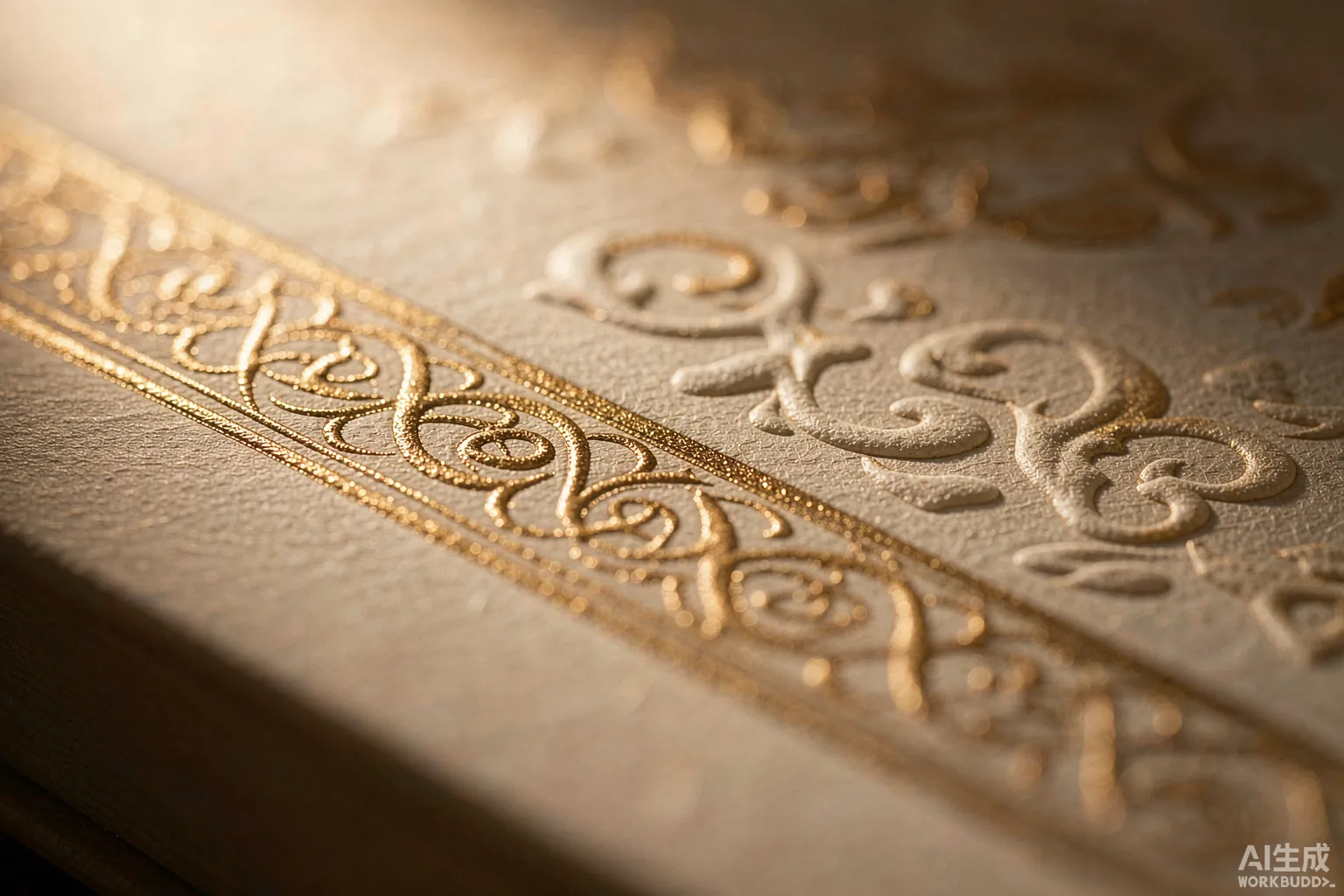 Macro detail of foil stamping and embossing on premium paper