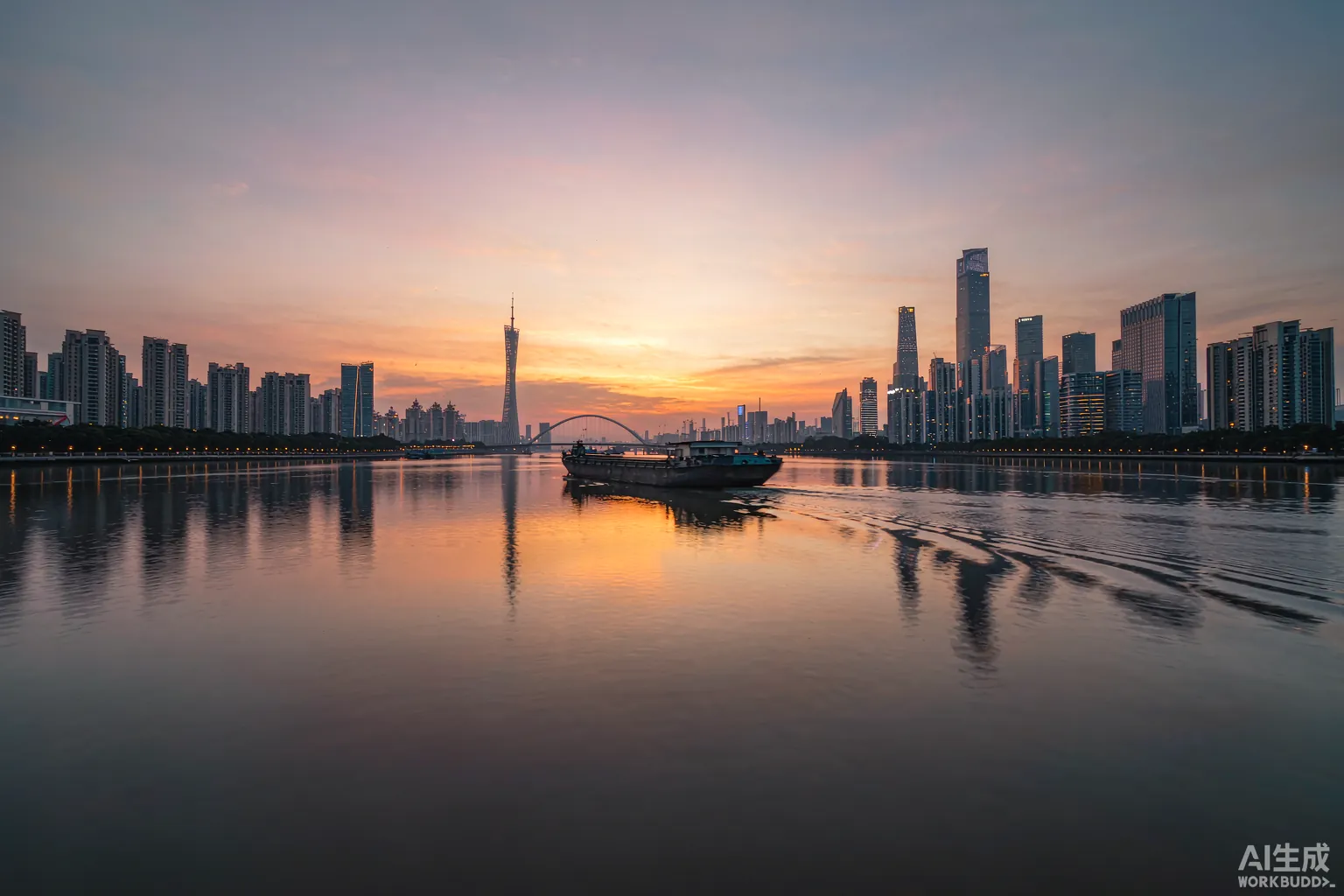 Cargo ship on the Pearl River at dusk with city skyline