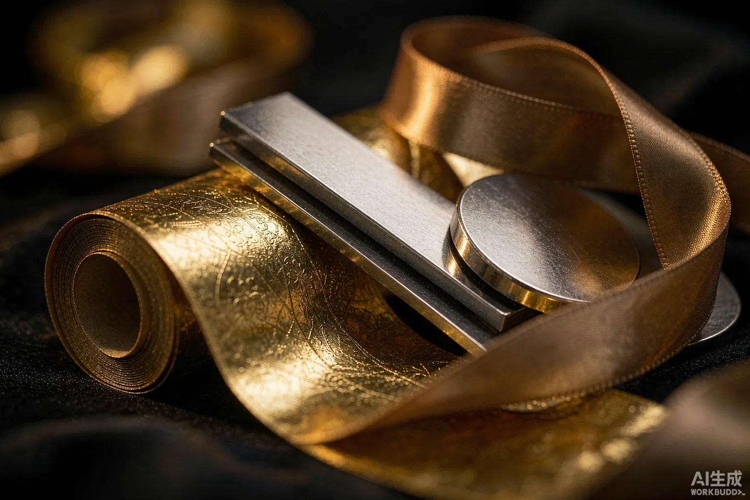 Macro still life of foil, magnet, ribbon — the small things that make a box