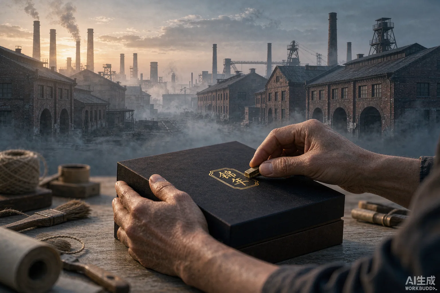 S2-4 cover: Dongguan factory skyline at dawn with a craftsman pressing gold foil