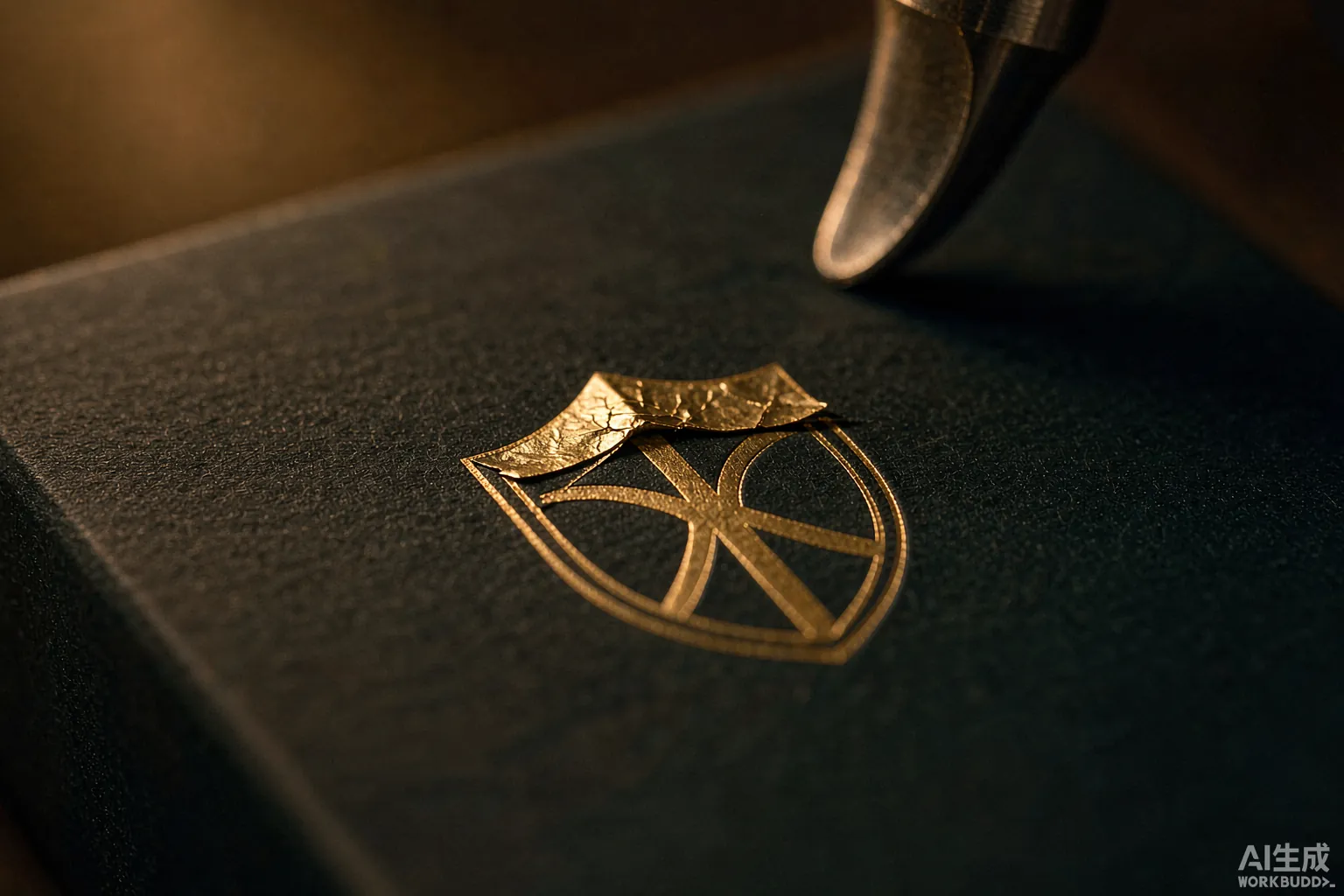 Macro close-up of gold foil logo being pressed onto a dark box surface