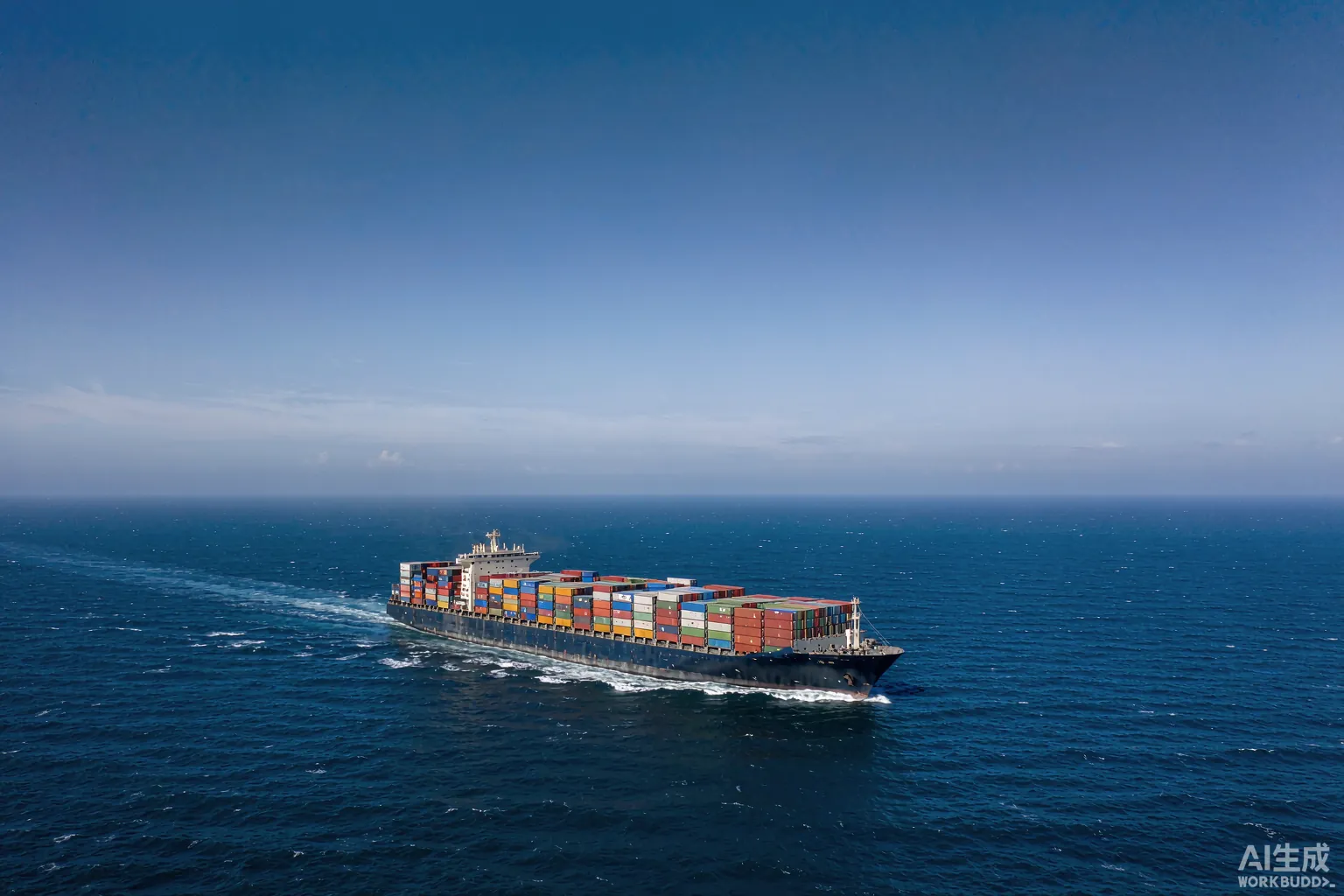 Container ship sailing across open sea under high sky
